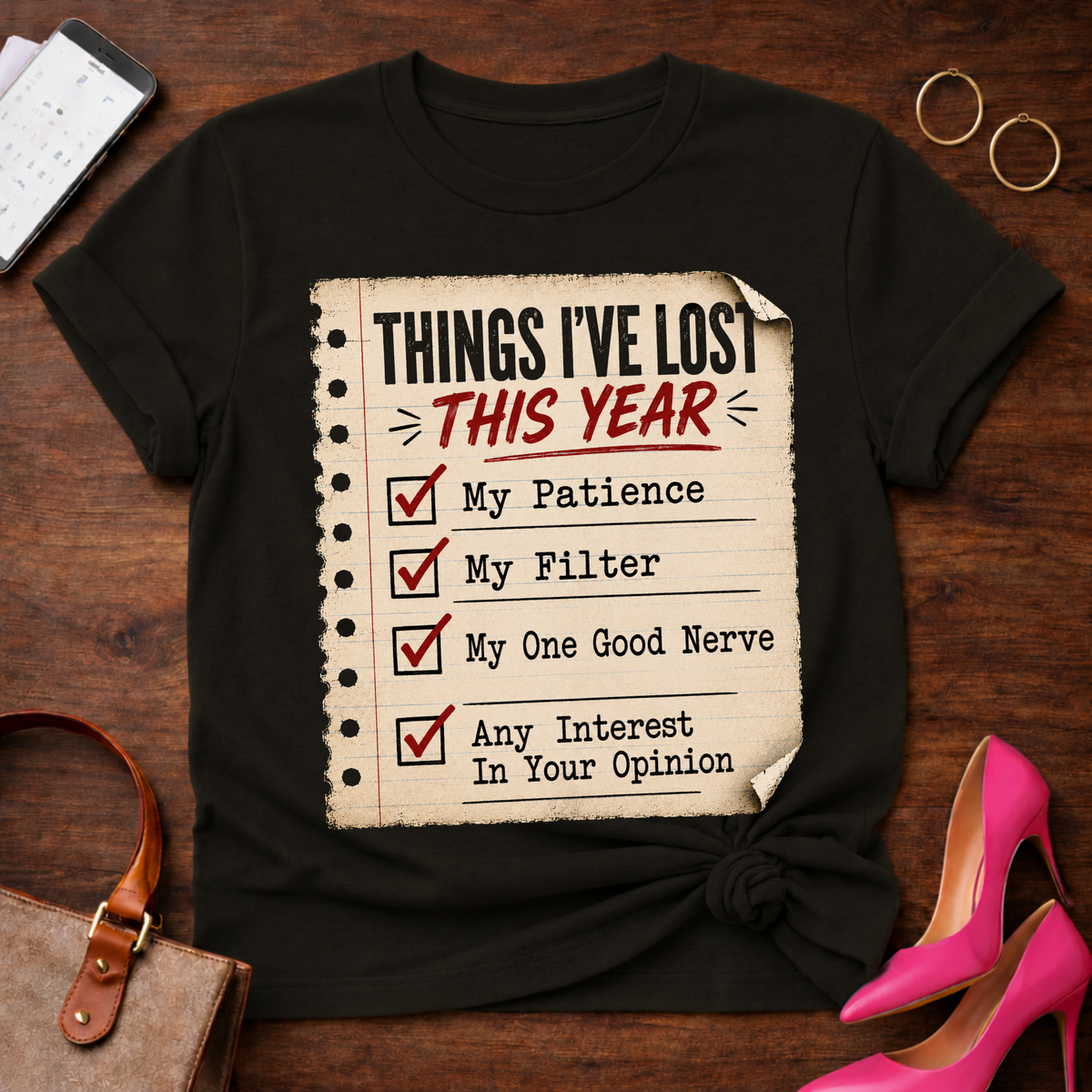 Things I’ve Lost This Year Checklist Tee — Funny Sarcastic Humor T‑Shirt