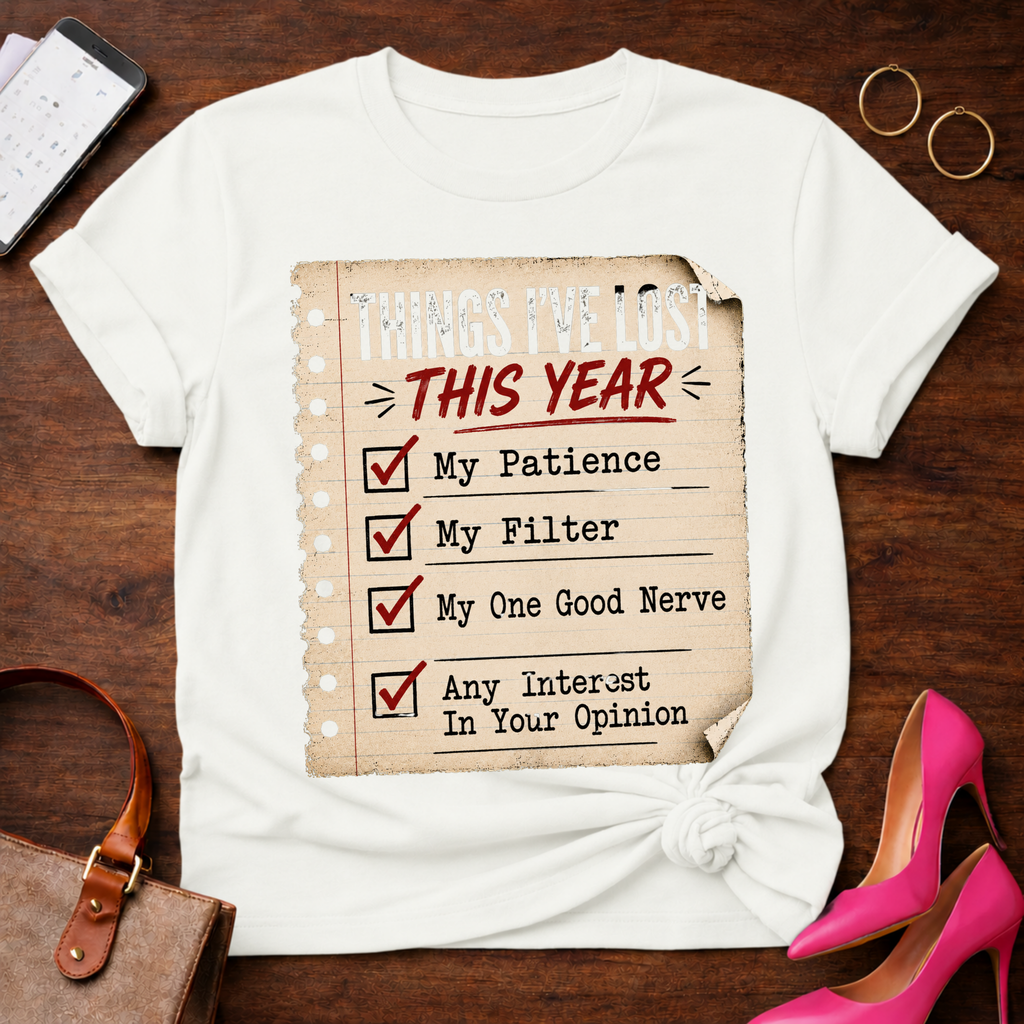 Things I’ve Lost This Year Checklist Tee — Funny Sarcastic Humor T‑Shirt