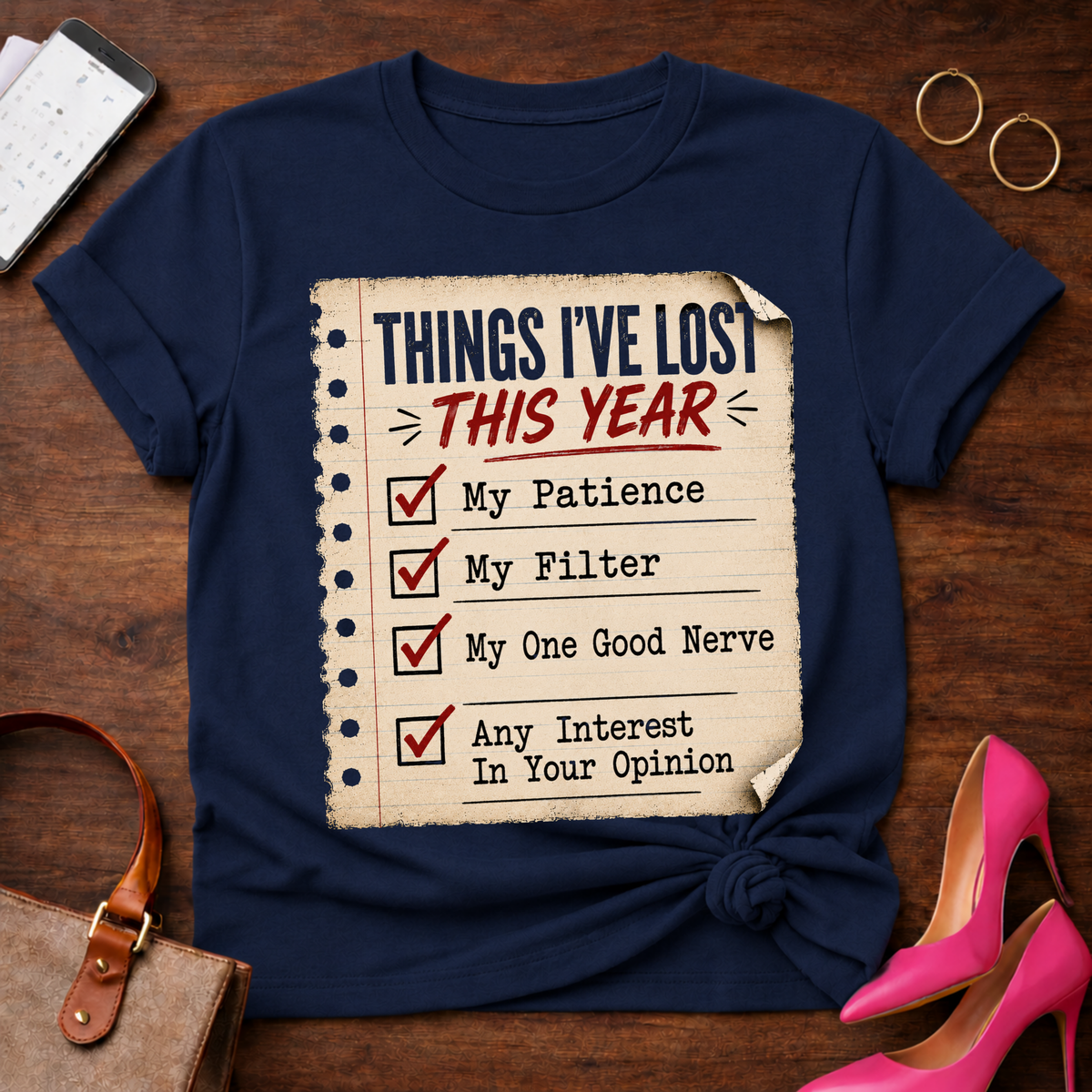 Things I’ve Lost This Year Checklist Tee — Funny Sarcastic Humor T‑Shirt