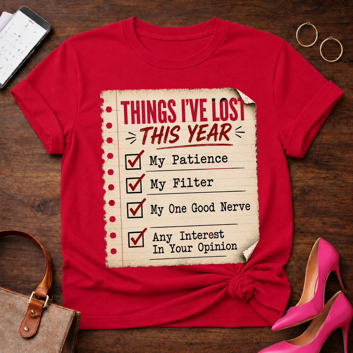 Things I’ve Lost This Year Checklist Tee — Funny Sarcastic Humor T‑Shirt