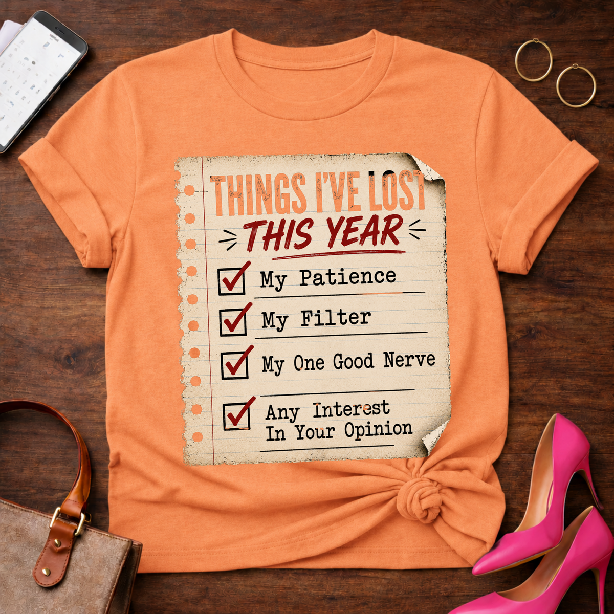 Things I’ve Lost This Year Checklist Tee — Funny Sarcastic Humor T‑Shirt