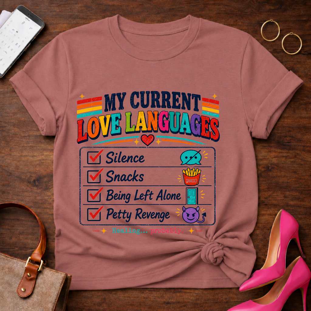 My Current Love Languages T-Shirt — Funny Checklist Tee (Silence, Snacks, Being Left Alone, Petty Revenge)