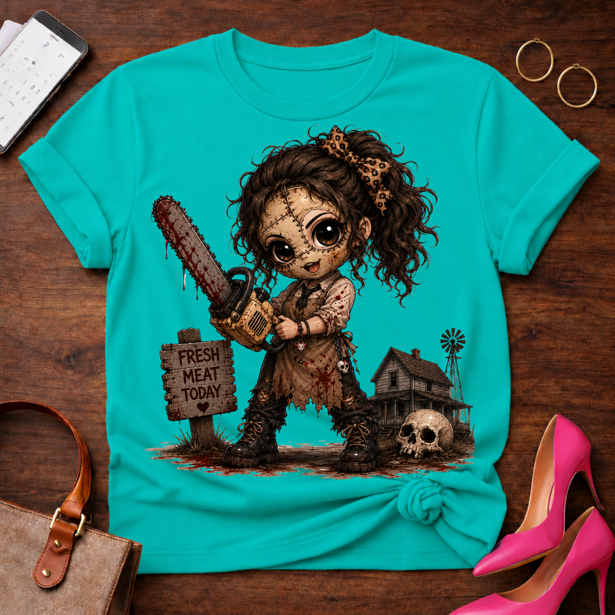 Horror Girl Chainsaw Tee — Cute Creepy Graphic T‑Shirt