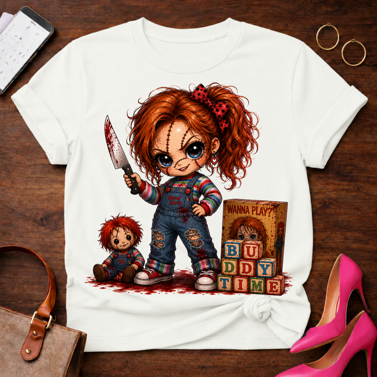 Chucky Doll Tee — 'Buddy Time' Cute Killer Girl Graphic Shirt