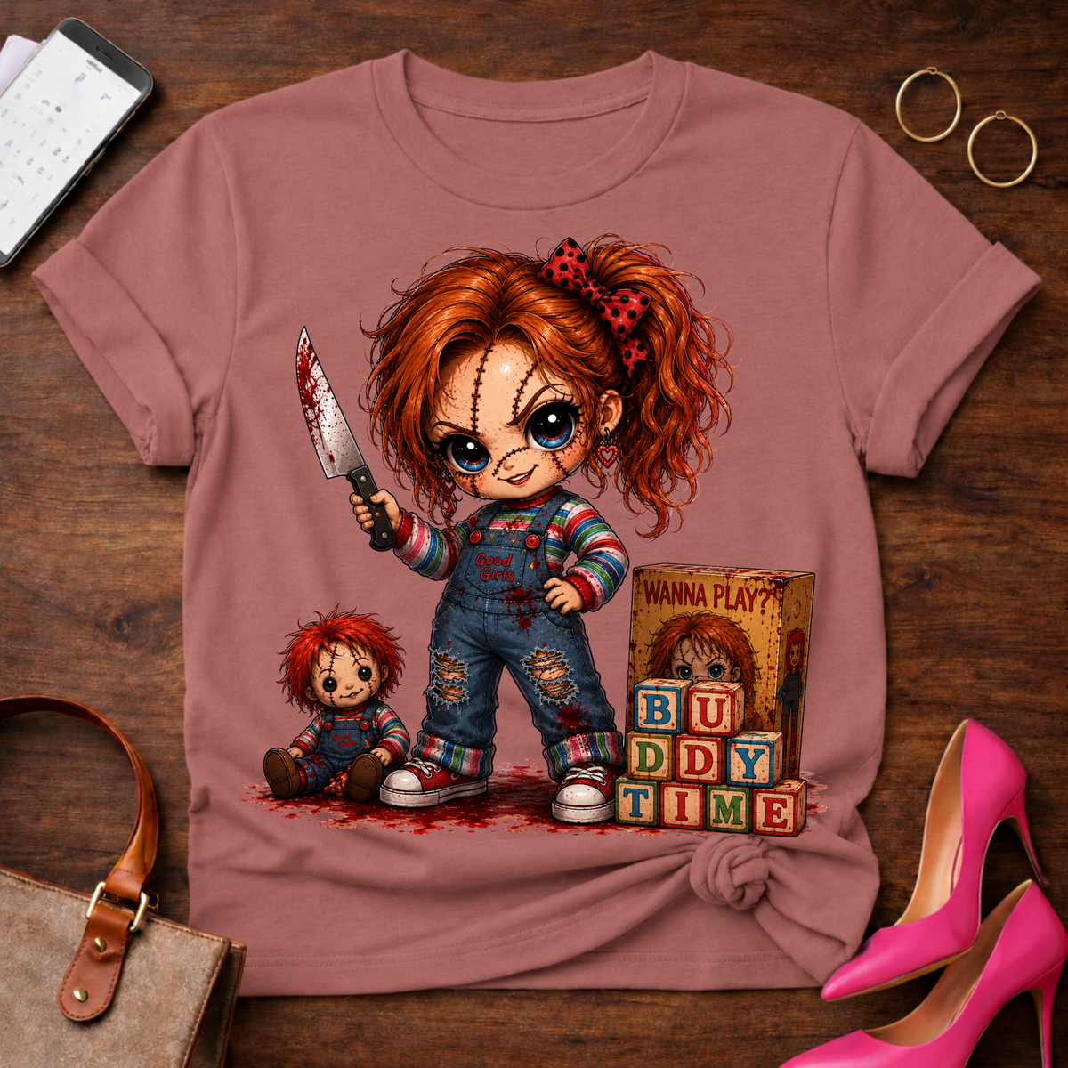 Chucky Doll Tee — 'Buddy Time' Cute Killer Girl Graphic Shirt