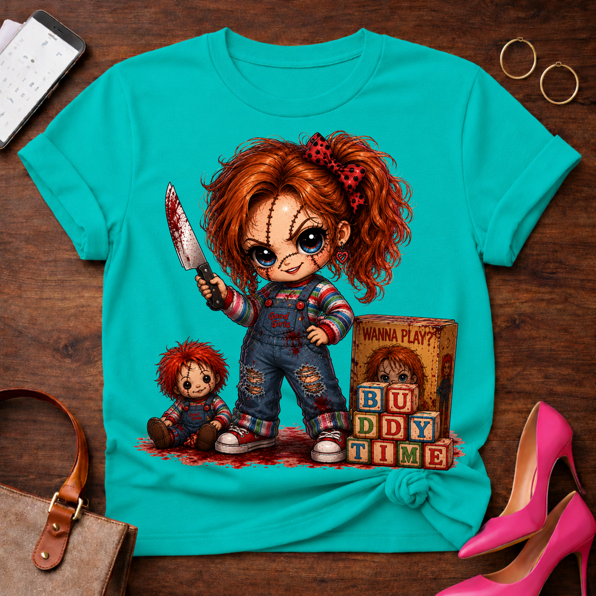 Chucky Doll Tee — 'Buddy Time' Cute Killer Girl Graphic Shirt