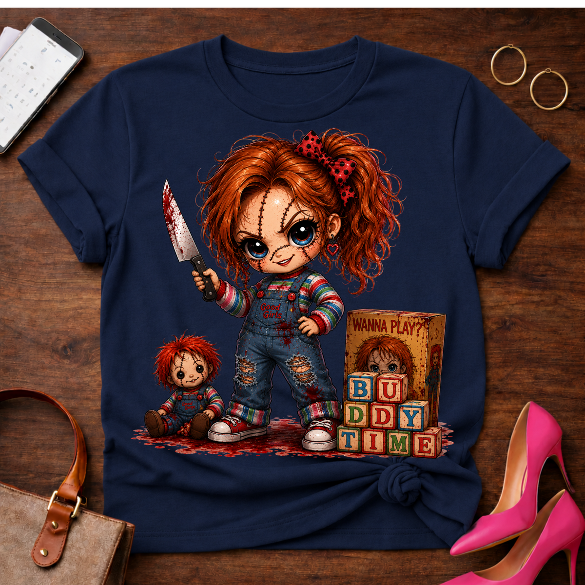 Chucky Doll Tee — 'Buddy Time' Cute Killer Girl Graphic Shirt
