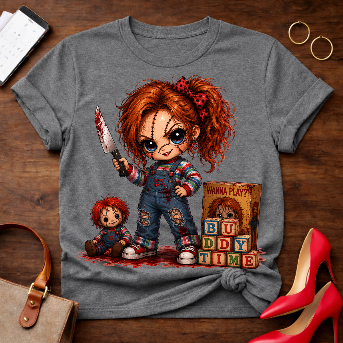 Chucky Doll Tee — 'Buddy Time' Cute Killer Girl Graphic Shirt
