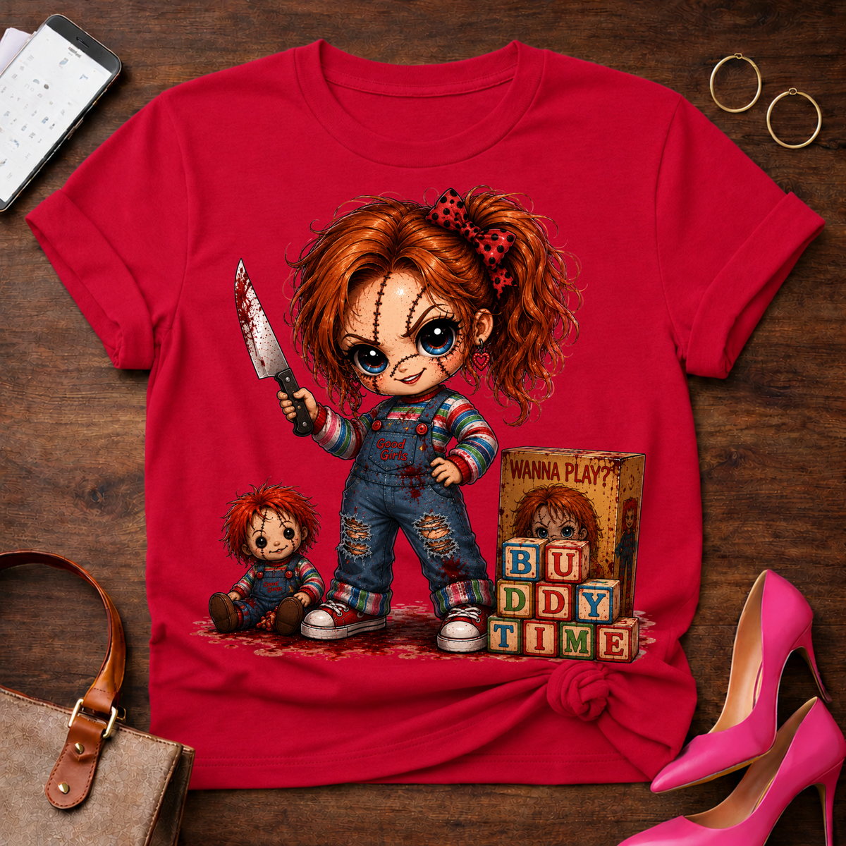 Chucky Doll Tee — 'Buddy Time' Cute Killer Girl Graphic Shirt