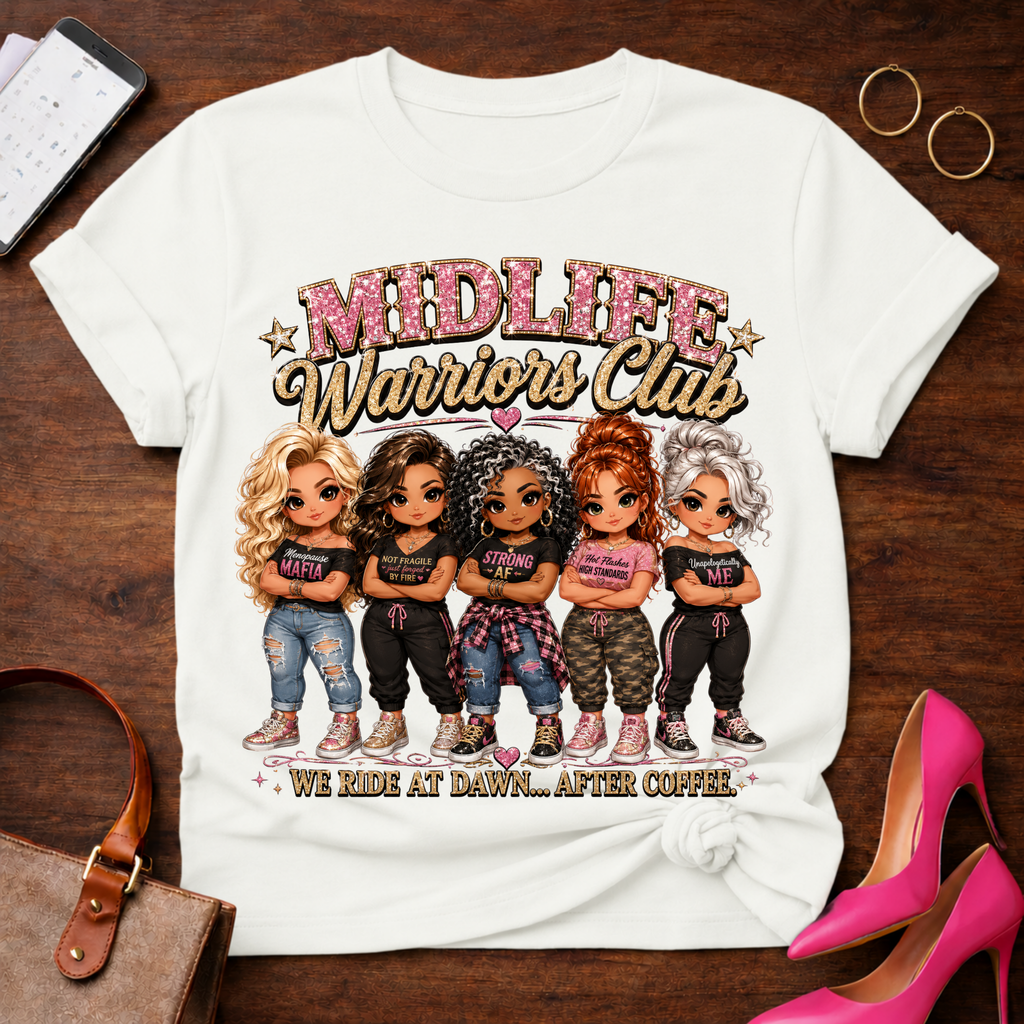 Midlife Warriors Club T-Shirt — 'We Rise At Dawn...After Coffee' Humor Tee