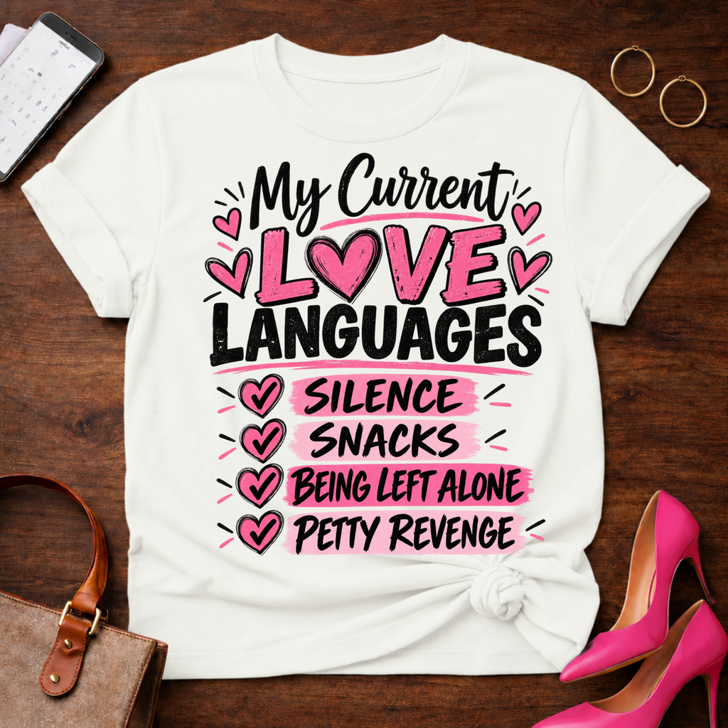 My Current Love Languages T‑Shirt — Funny Relationship Quote Tee (Silence, Snacks, Being Left Alone, Petty Revenge)