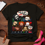 Horror Icons Zoom Call T-Shirt — 'What Is Your Favorite Scary Movie?' Graphic Tee