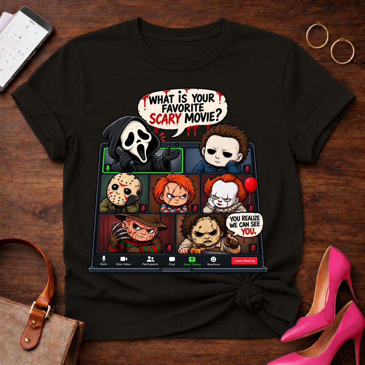 Horror Icons Zoom Call T-Shirt — 'What Is Your Favorite Scary Movie?' Graphic Tee