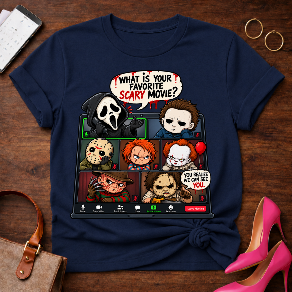 Horror Icons Zoom Call T-Shirt — 'What Is Your Favorite Scary Movie?' Graphic Tee