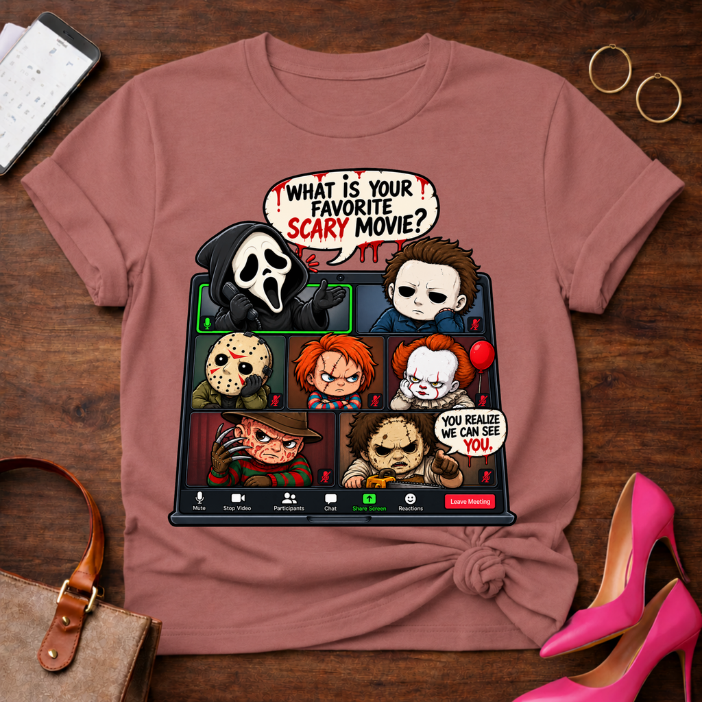 Horror Icons Zoom Call T-Shirt — 'What Is Your Favorite Scary Movie?' Graphic Tee