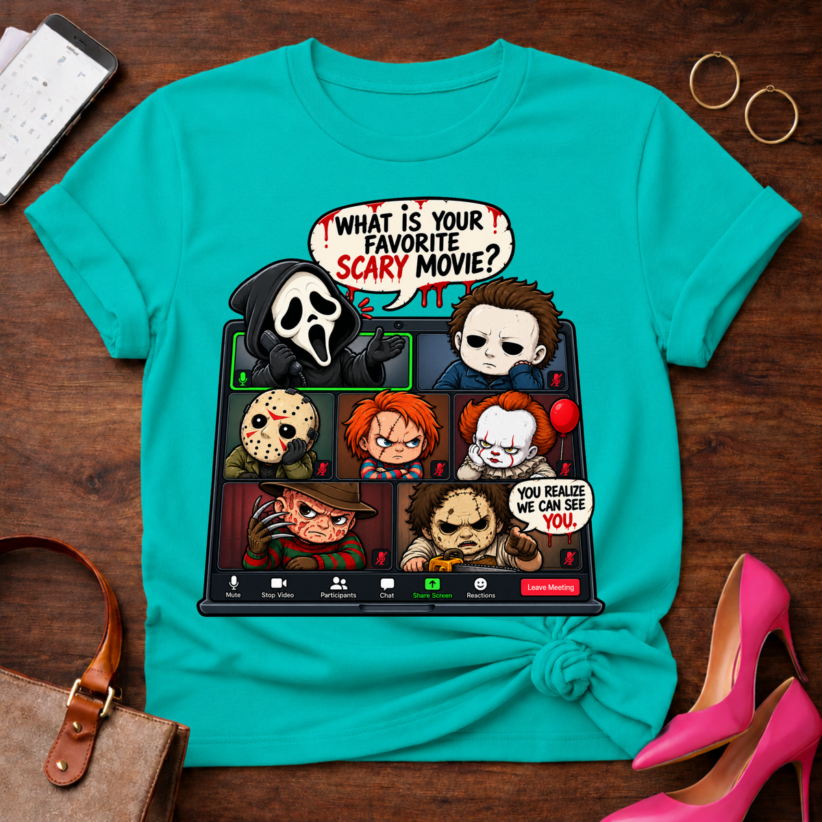 Horror Icons Zoom Call T-Shirt — 'What Is Your Favorite Scary Movie?' Graphic Tee