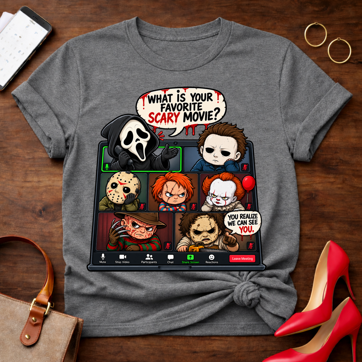 Horror Icons Zoom Call T-Shirt — 'What Is Your Favorite Scary Movie?' Graphic Tee