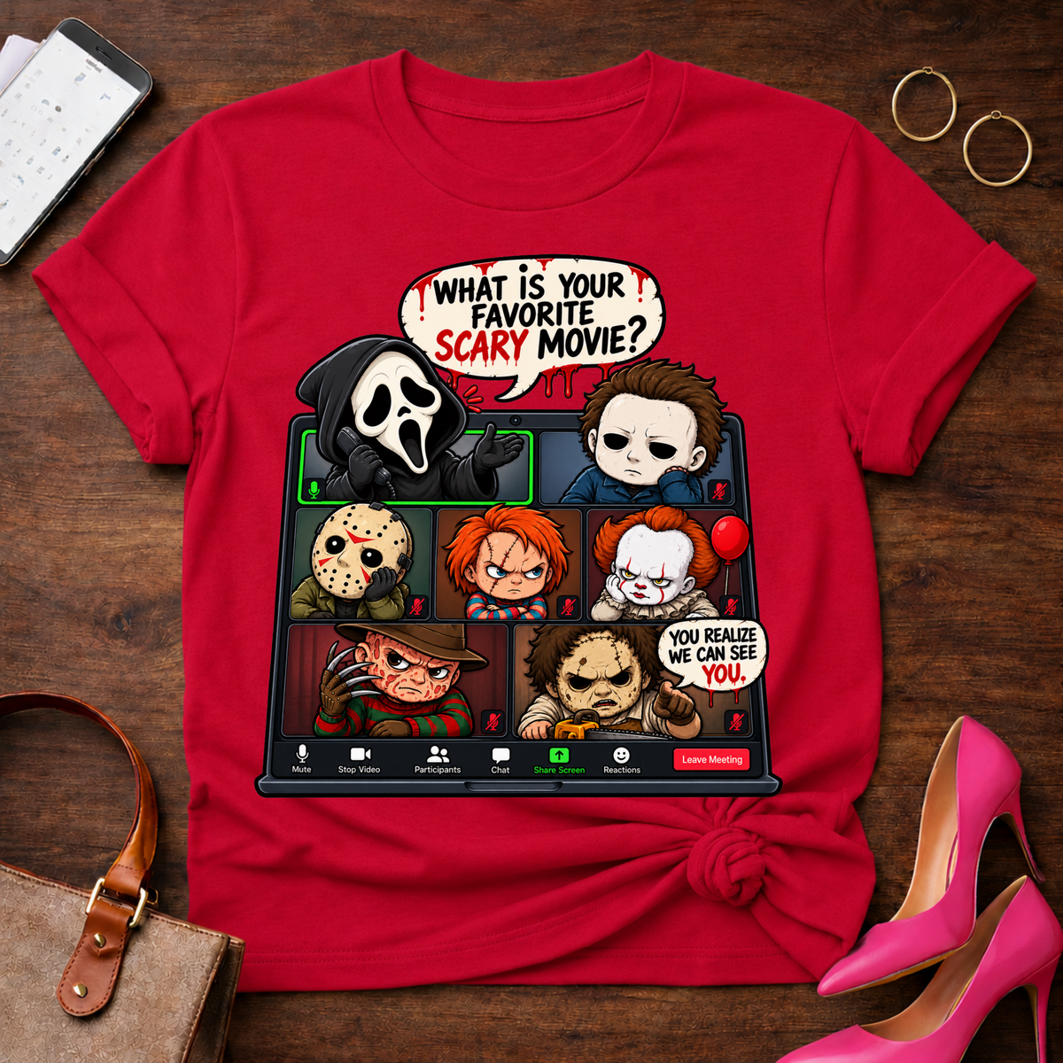 Horror Icons Zoom Call T-Shirt — 'What Is Your Favorite Scary Movie?' Graphic Tee