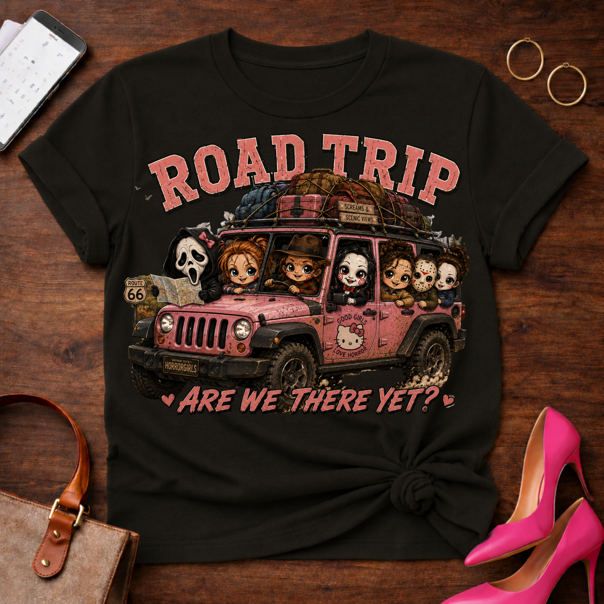Chick Road Trip Horror Tee — 'Are We There Yet?' Graphic T‑Shirt