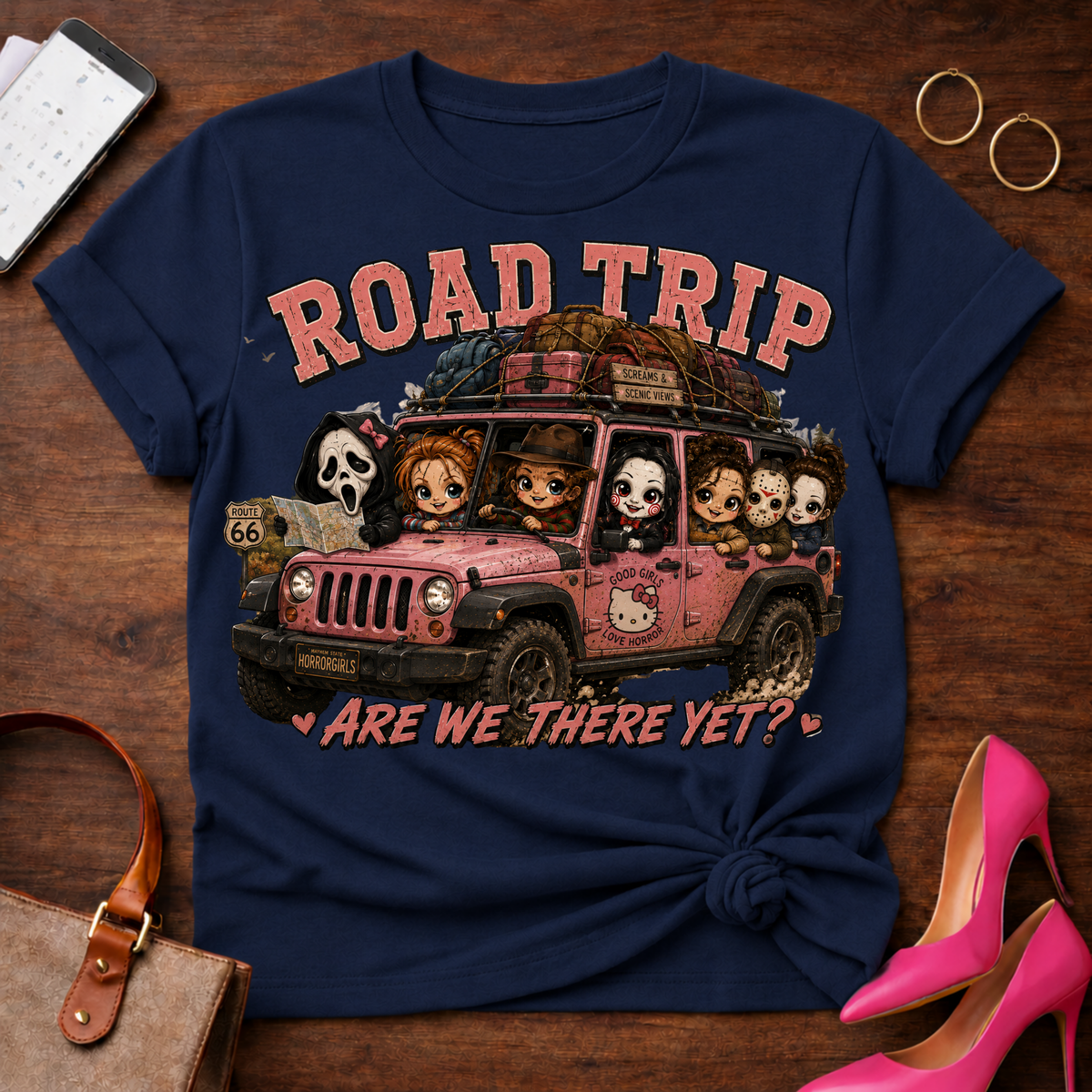 Chick Road Trip Horror Tee — 'Are We There Yet?' Graphic T‑Shirt