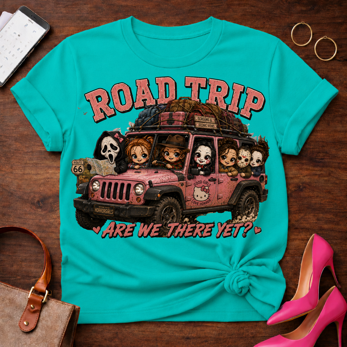 Chick Road Trip Horror Tee — 'Are We There Yet?' Graphic T‑Shirt