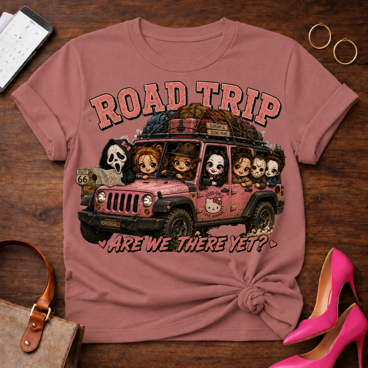 Chick Road Trip Horror Tee — 'Are We There Yet?' Graphic T‑Shirt