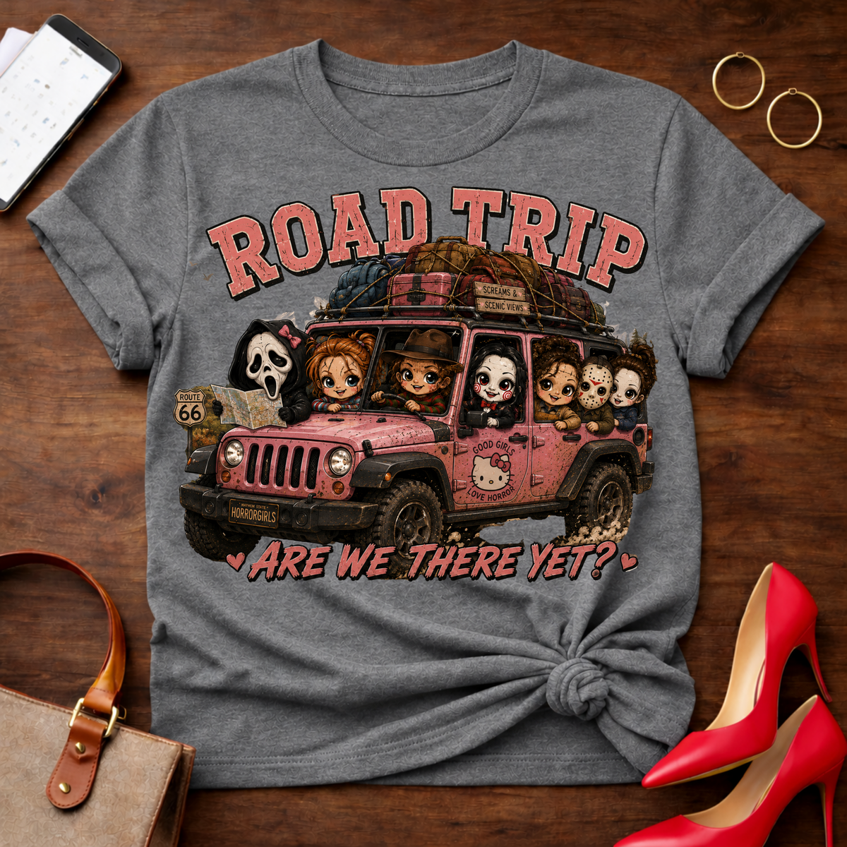 Chick Road Trip Horror Tee — 'Are We There Yet?' Graphic T‑Shirt