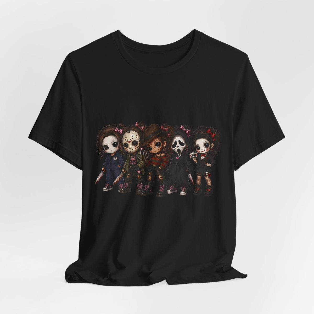 Horror Icons Chibi Tee — Cute Killer Characters Graphic T-Shirt